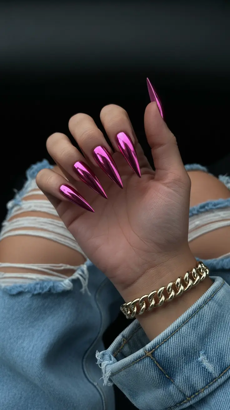chrome nails 2026 Hot Pink Chrome Stilettos