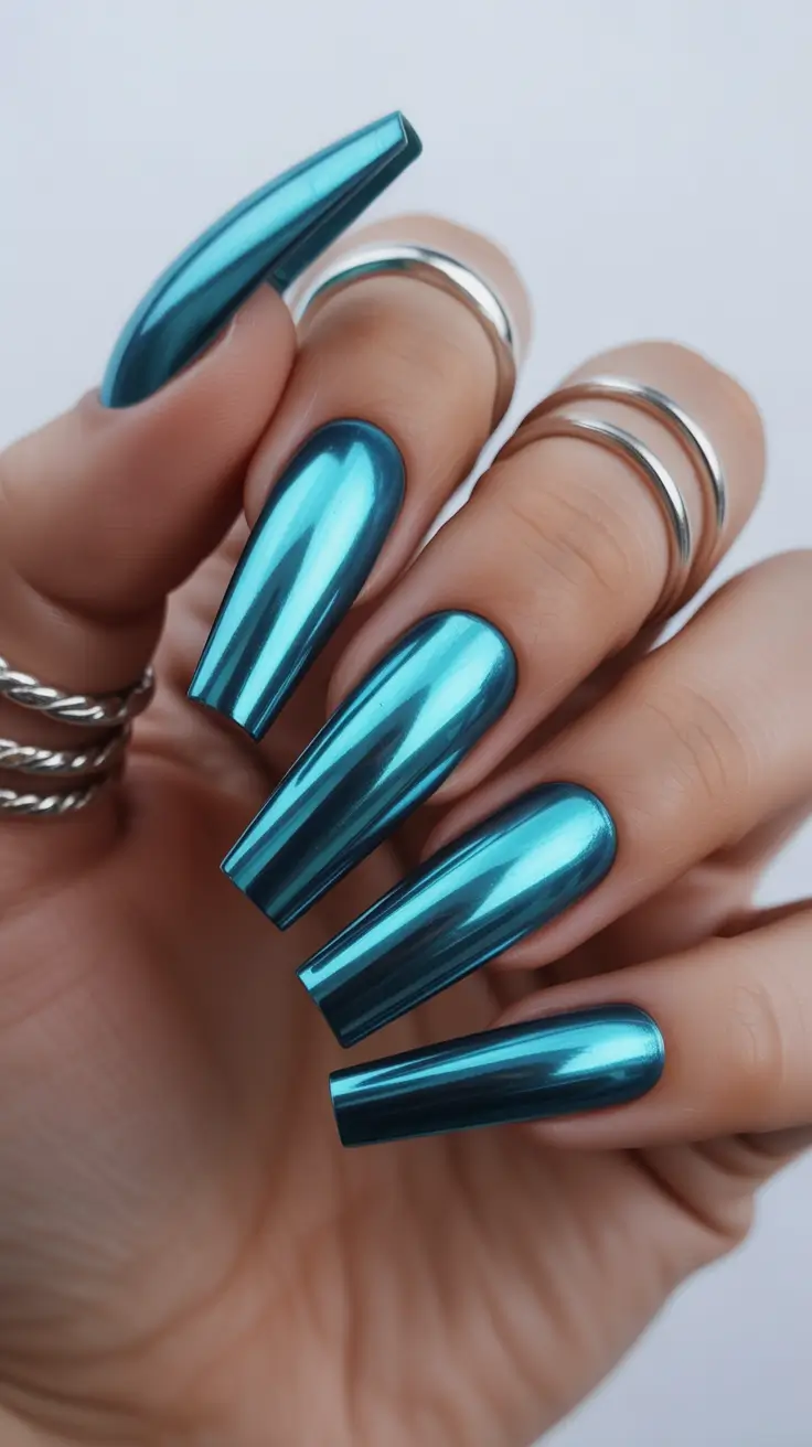 chrome nails 2026 Ocean Chrome Coffin Nails