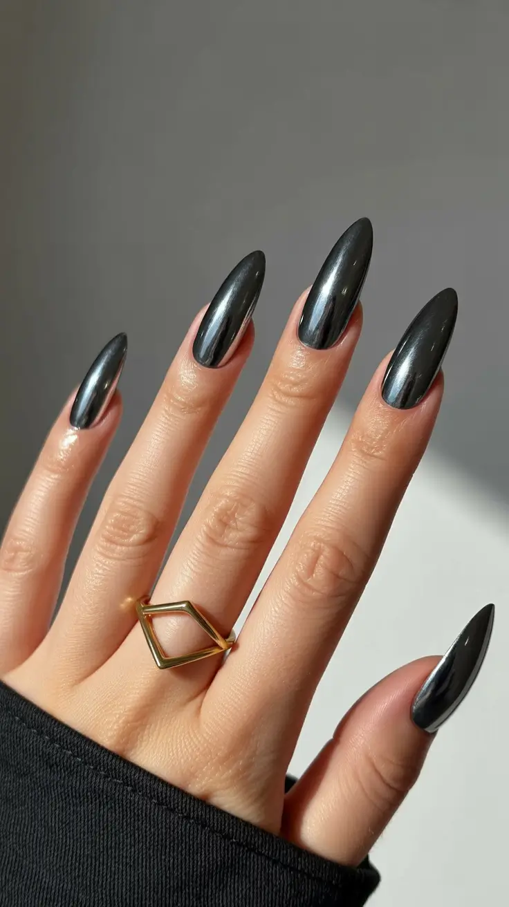 chrome nails 2026 Black Chrome Almonds
