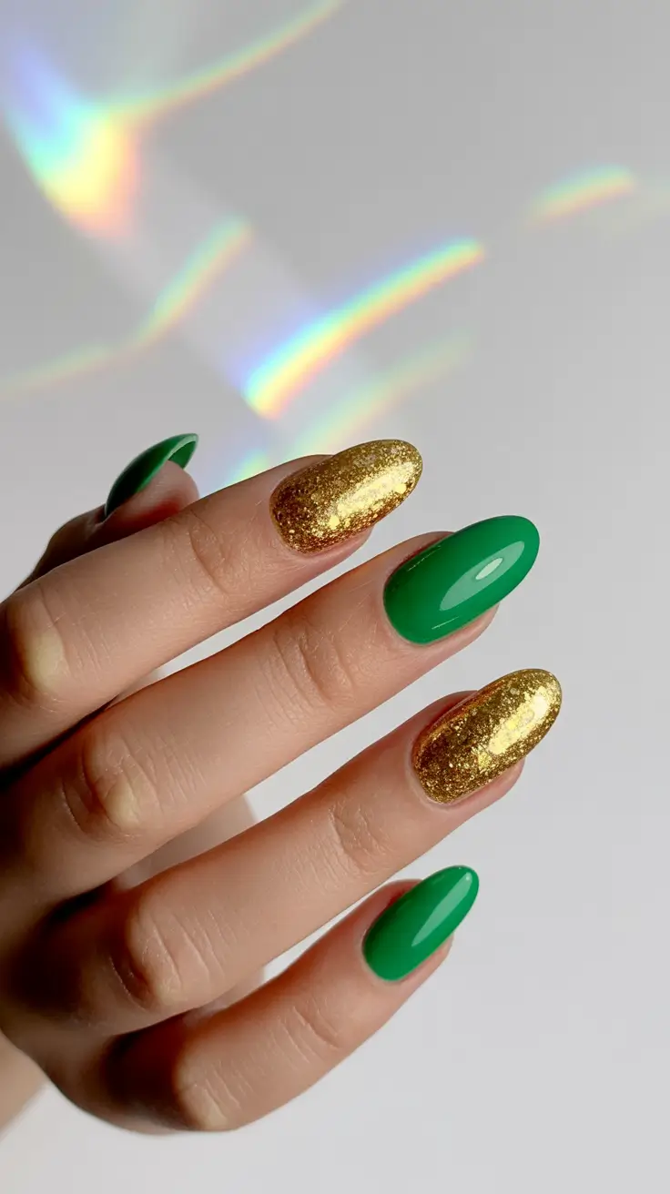 cute almond nails 2026 Emerald & Gold Celebration Almonds