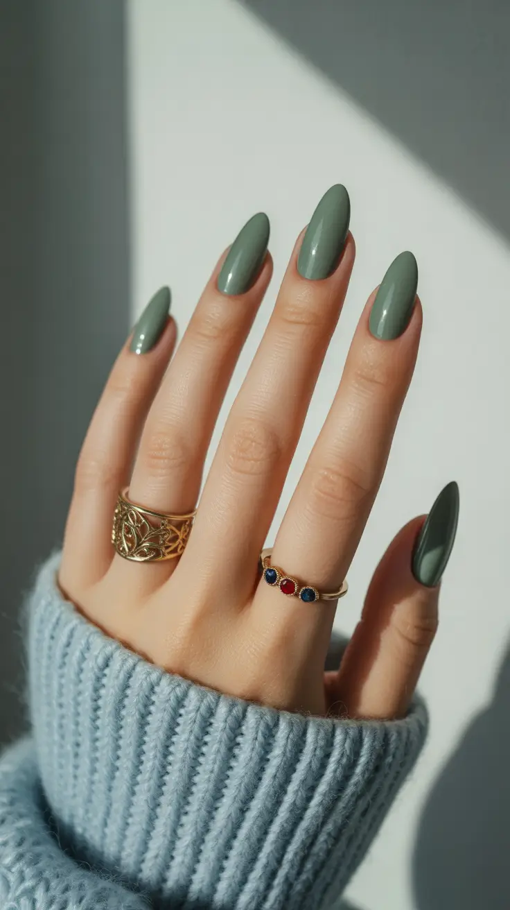 cute almond nails 2026 Sage Green Cozy Almonds