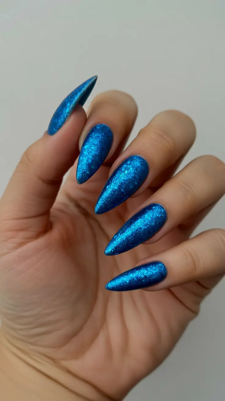 cute almond nails 2026 Electric Blue Glitter Almonds