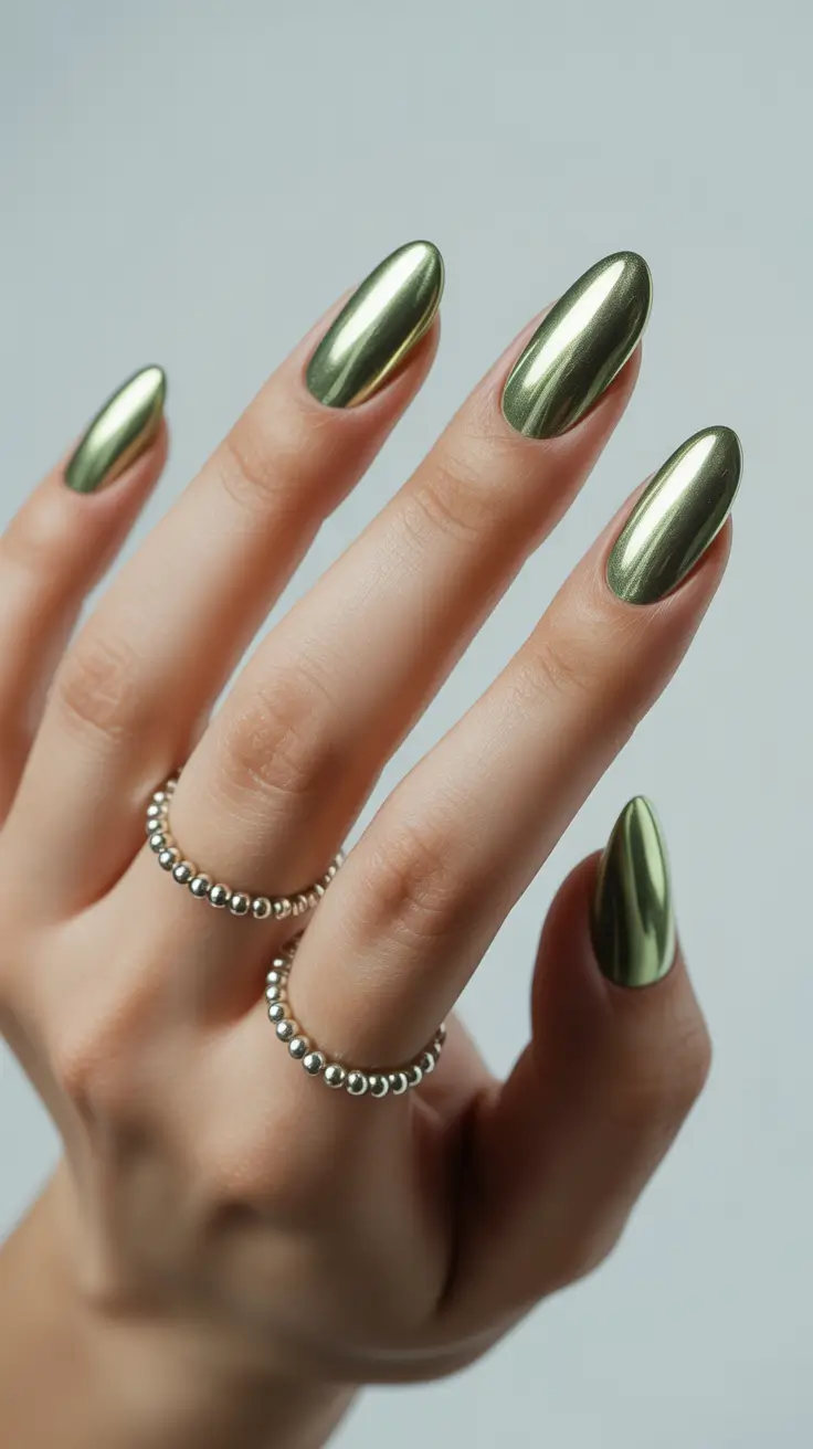cute almond nails 2026 Metallic Sage Chrome Almonds
