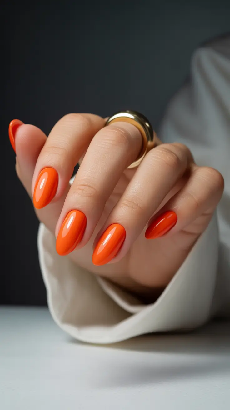 cute almond nails 2026 Sunset Orange Shine