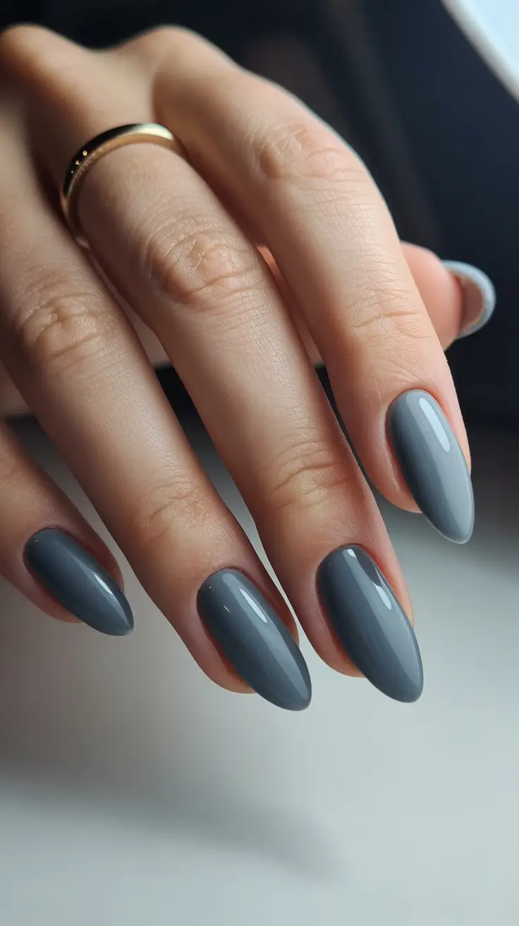 cute almond nails 2026 Stormy Grey Minimal Almonds