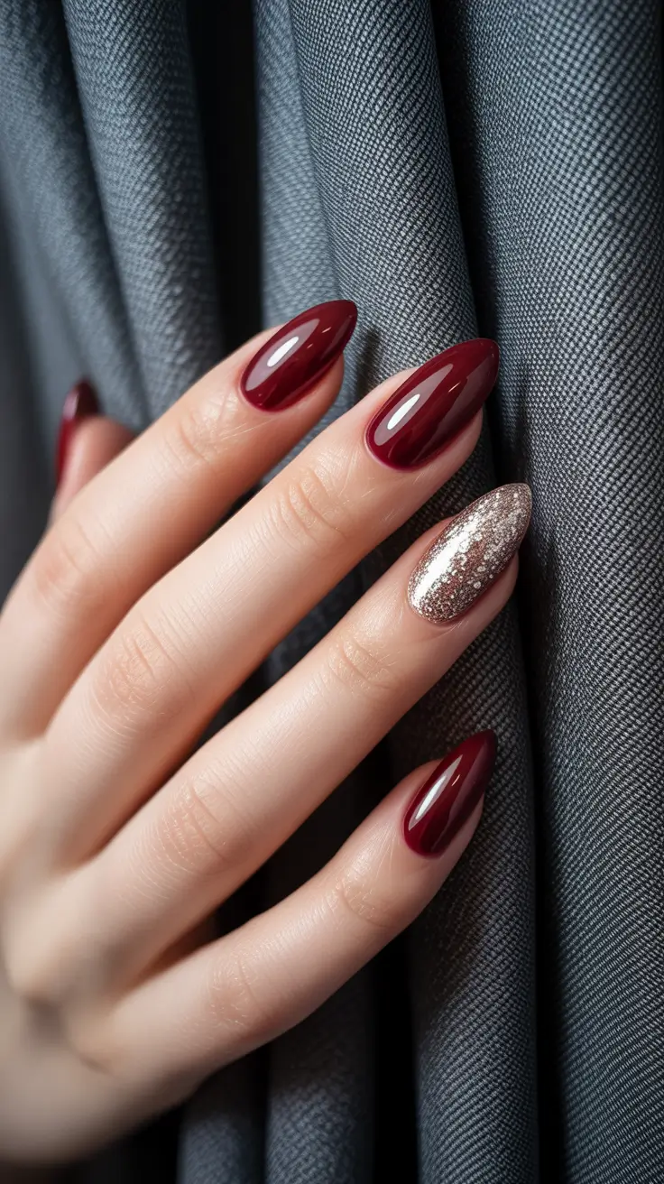 cute almond nails 2026 Wine & Glitter Accent Almonds