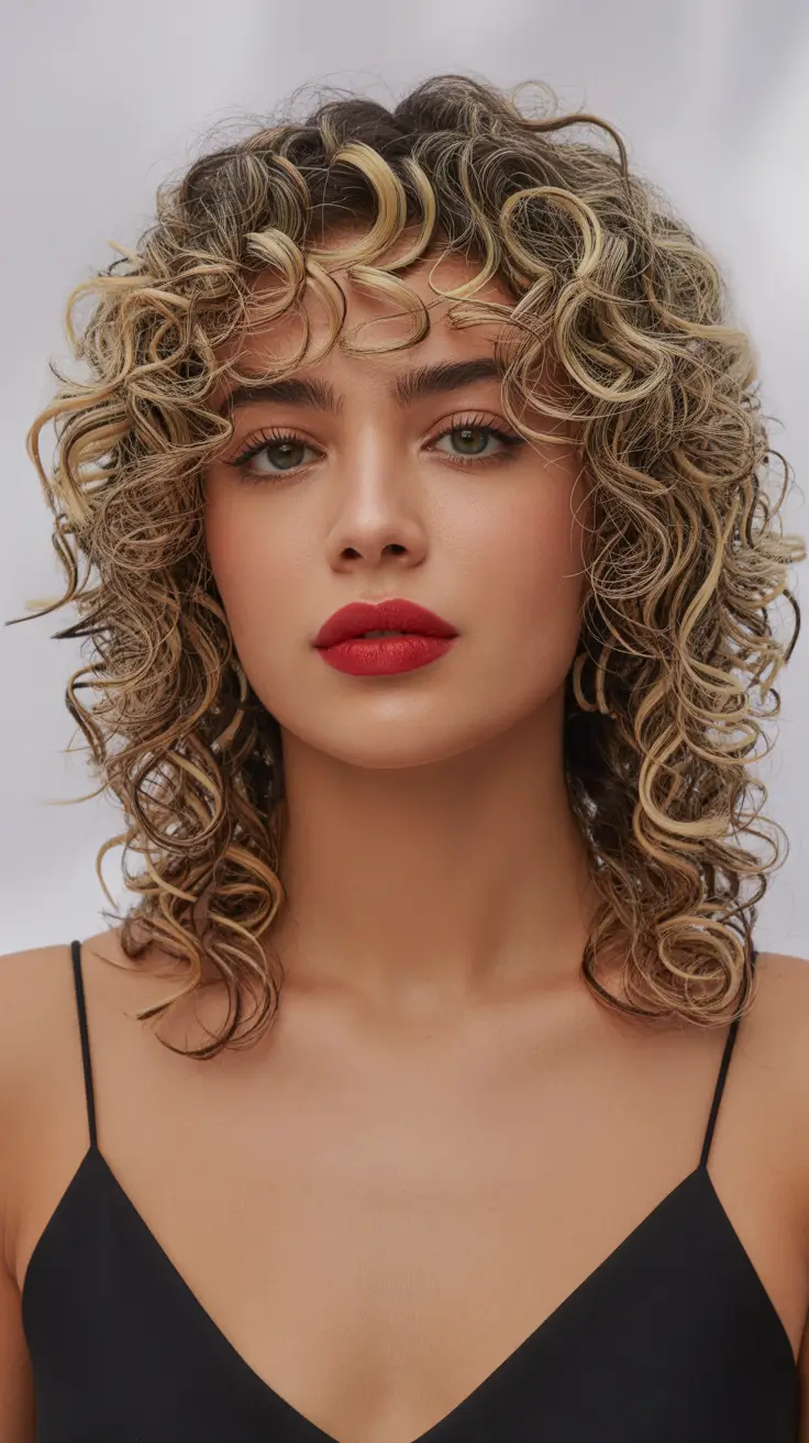 Cute curly hairstyles for women 2026 Soft Curls with Retro Bangs and Red Lip