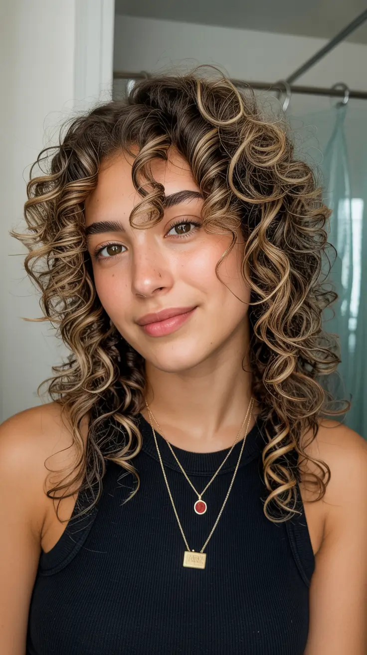 Cute curly hairstyles for women 2026 Soft Honey Highlights with Loose Spiral Curls