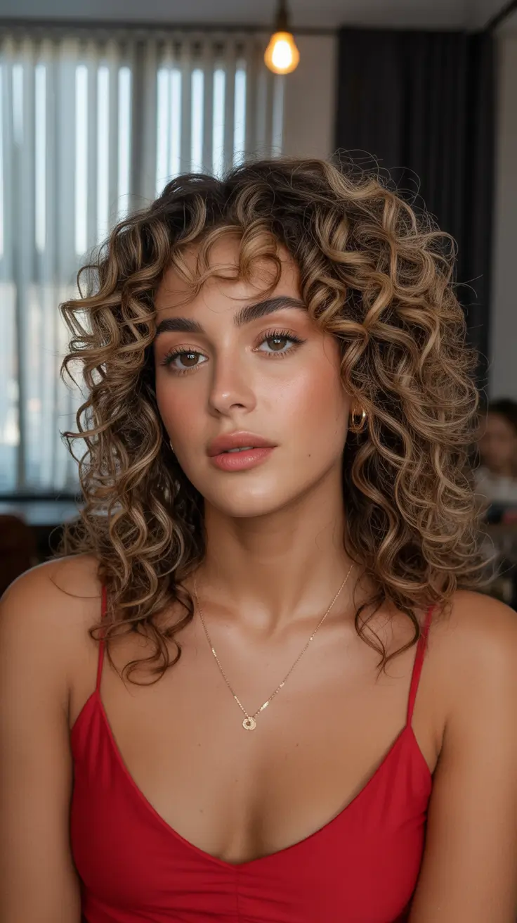 Cute curly hairstyles for women 2026 Layered Golden Curls with Tousled Bangs