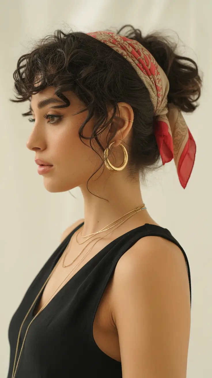 Cute curly hairstyles for women 2026 Chic Curly Updo with a Silk Scarf
