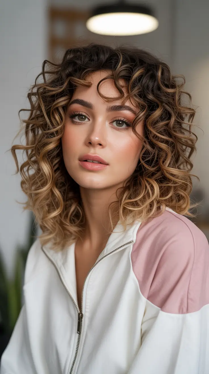 Cute curly hairstyles for women 2026 Golden Brunette Curls with Sporty Vibe