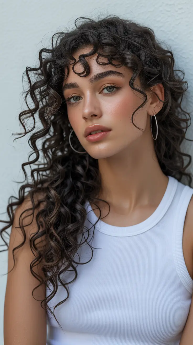 Cute curly hairstyles for women 2026 Long Defined Curls with Light Bangs