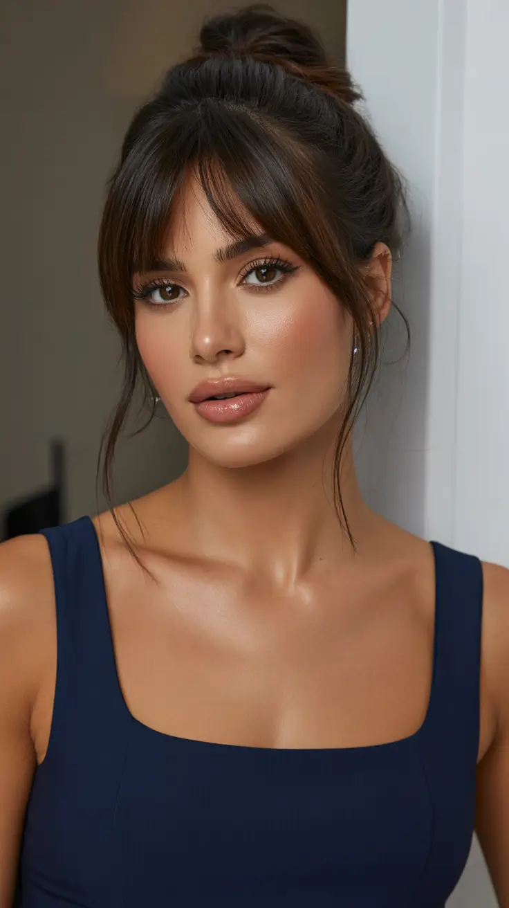 Cute hairstyle ideas 2026 Messy Bun with Curtain Bangs