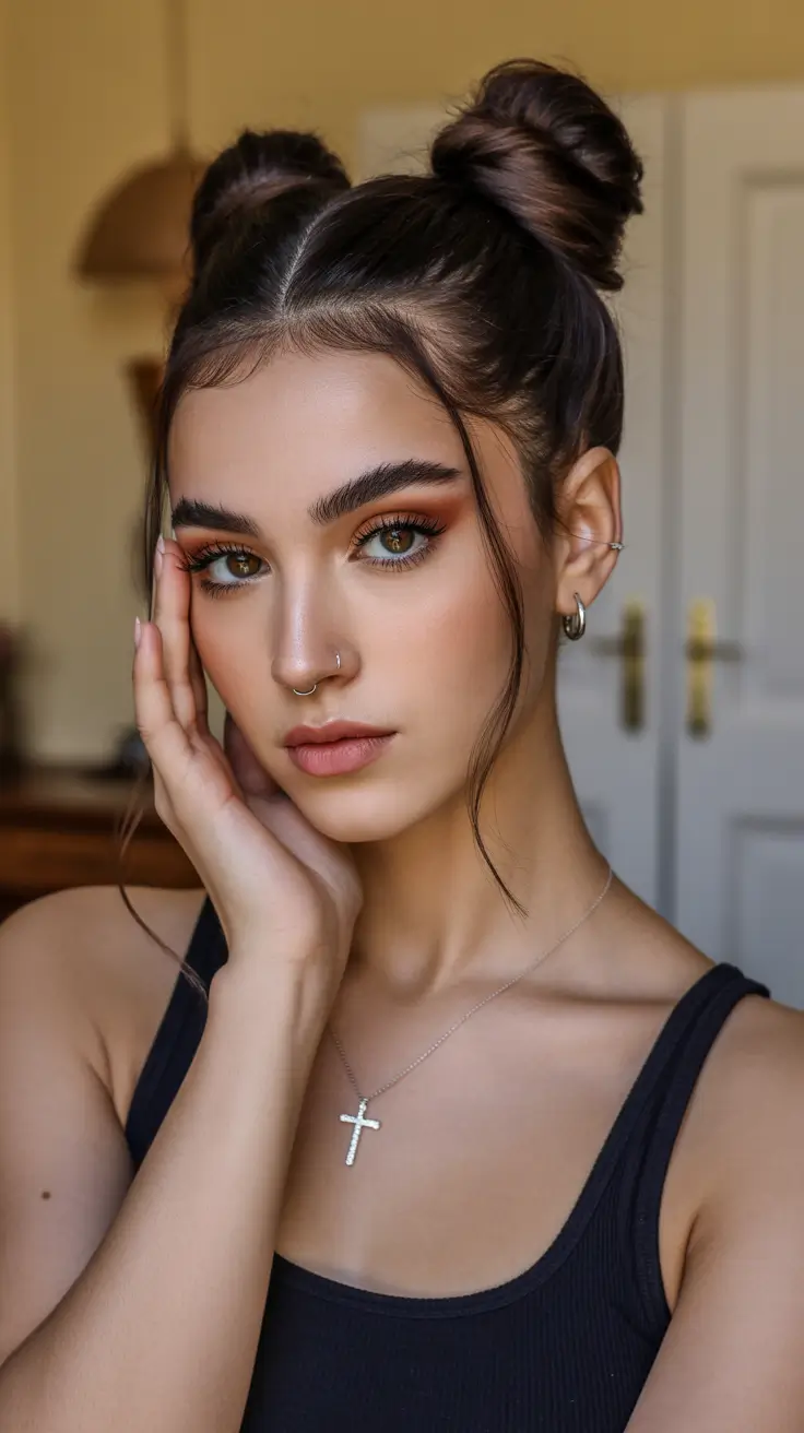 Cute hairstyle ideas 2026 Playful Double Buns with Face-Framing Strands