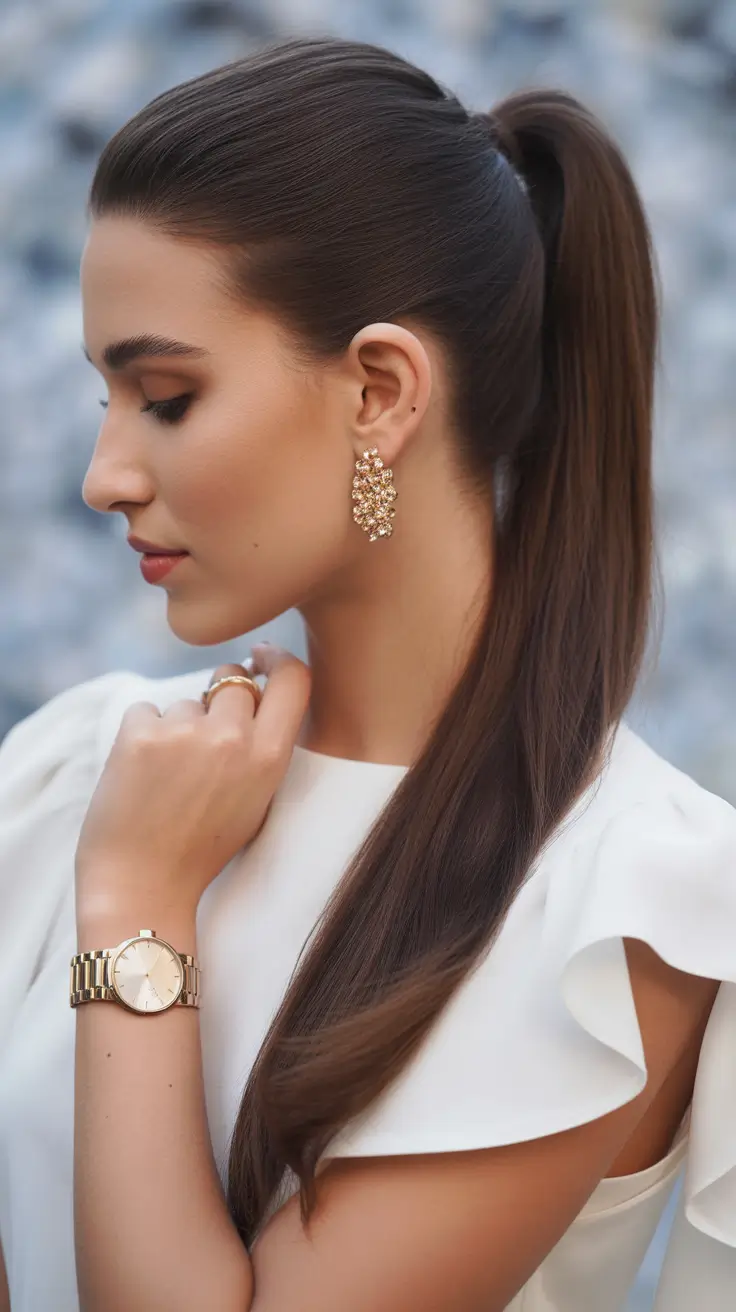 Cute hairstyle ideas 2026 Low Sleek Ponytail with Glam Finish