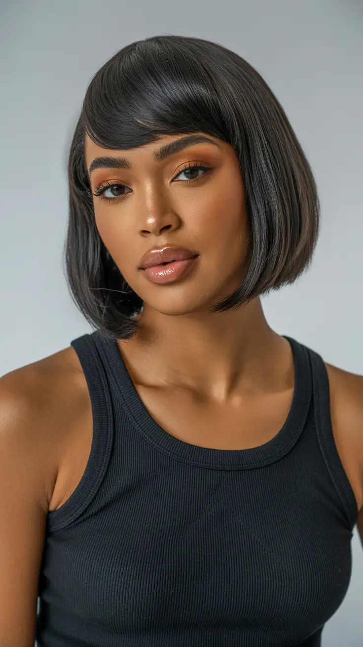 Cute hairstyle ideas for black women 2026 Chic Jet-Black Bob with Side Bangs