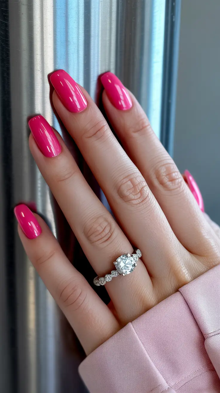 cute pink nails 2026 Glossy Hot Pink Glow