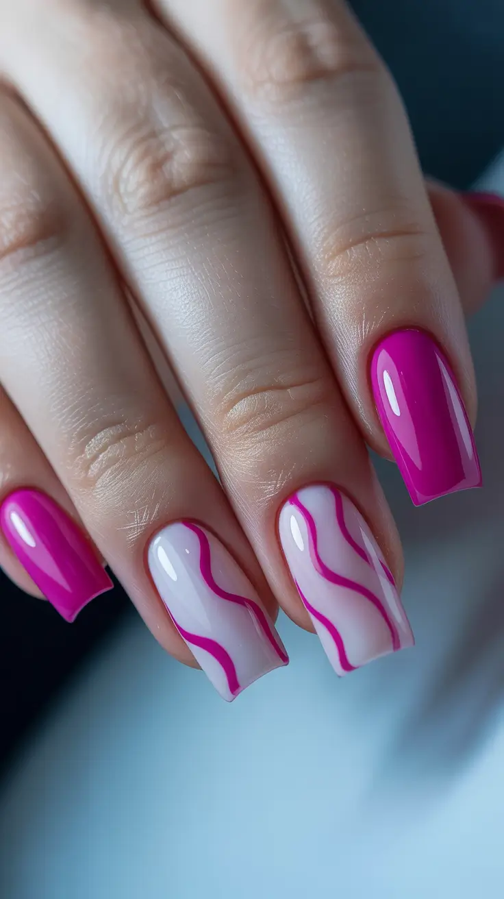 cute pink nails 2026 Pink Waves on Glossy Neutrals