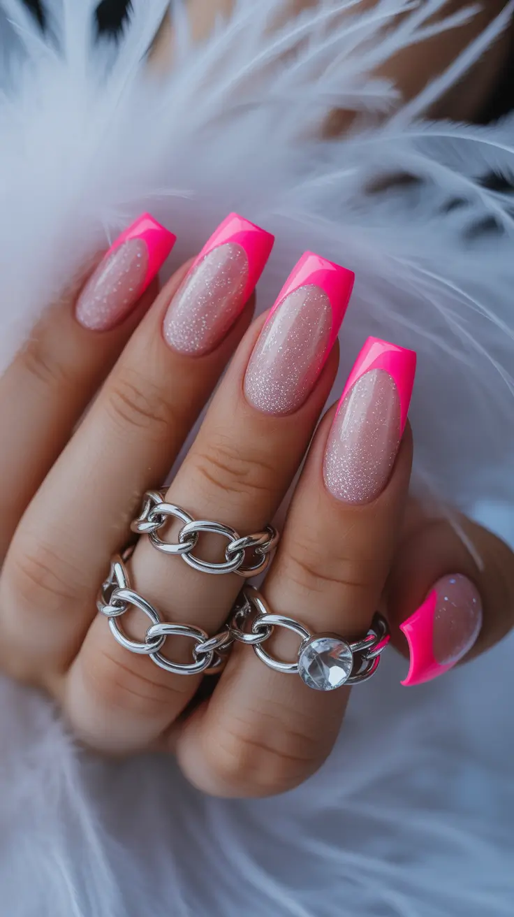 cute pink nails 2026 Neon Pink French Sparkle