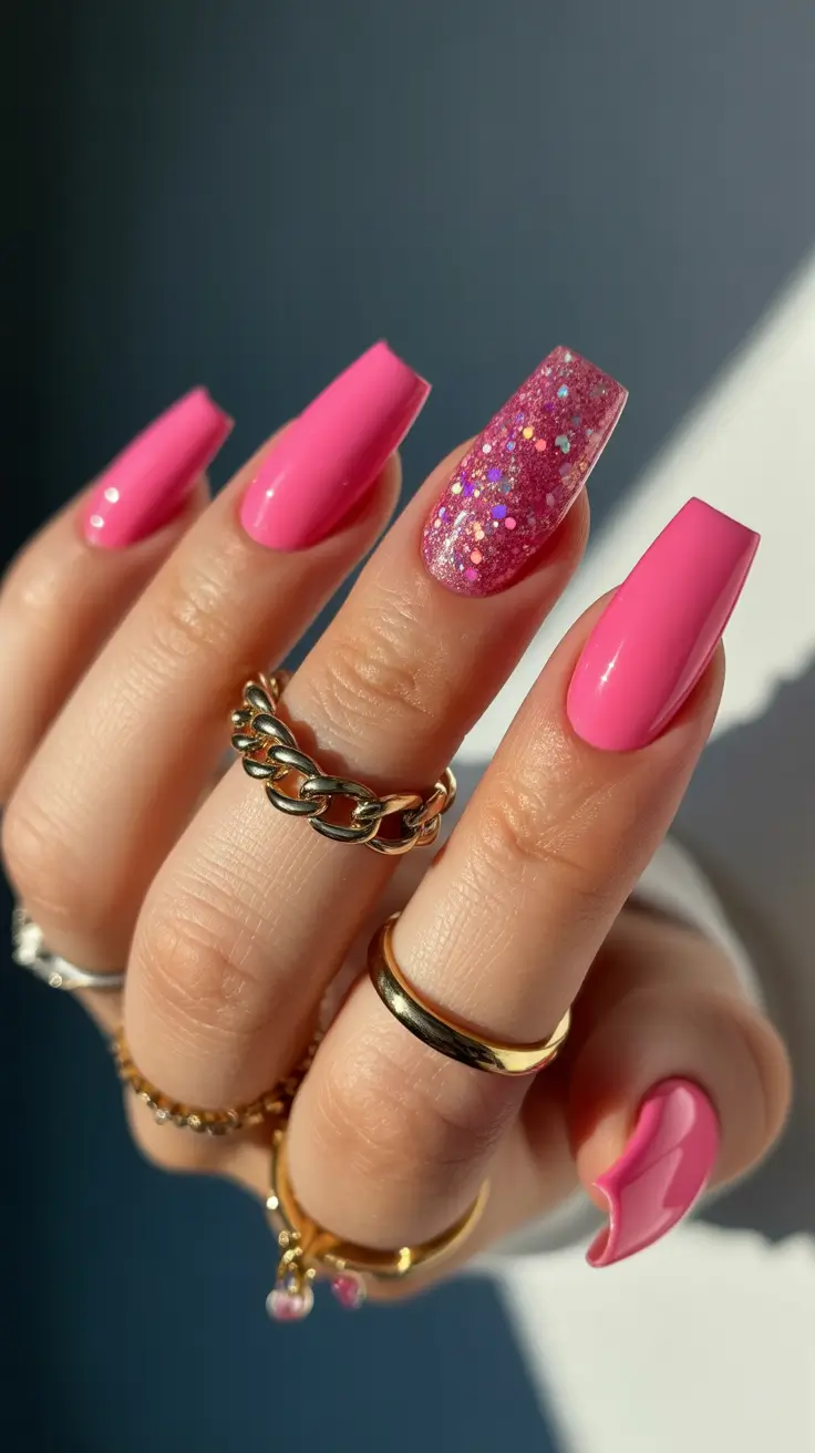 cute pink nails 2026 Glitter Pop Pink with Accent Sparkle