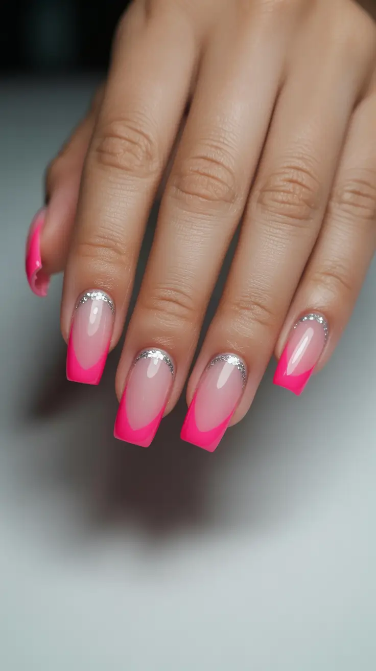 cute pink nails 2026 Pink French with Silver Half-Moons