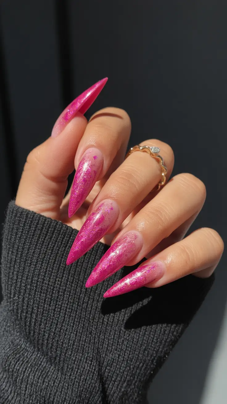 cute pink nails 2026 Sharp Pink Chrome Stiletto Drama