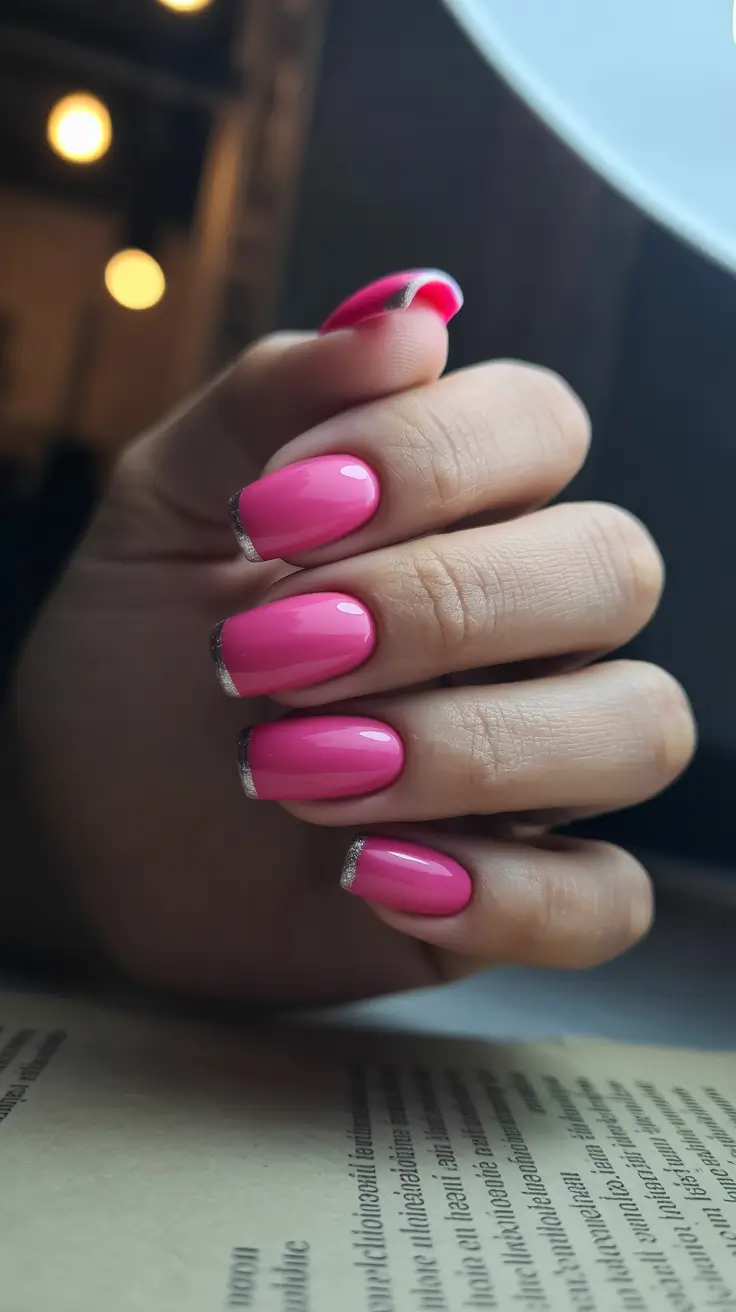 cute pink nails 2026 Bright Pink With Silver Micro-Tips
