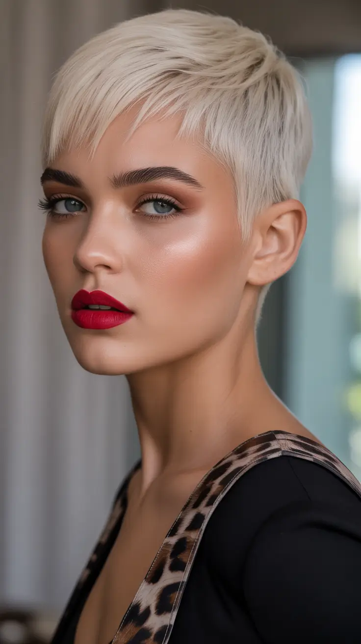 Cute pixie hairstyle ideas 2026 Effortless Platinum Micro-Pixie With Soft Texture