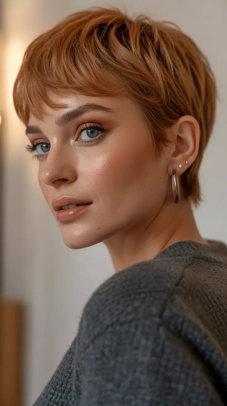 Cute pixie hairstyle ideas 2026 Warm Honey Pixie With Soft Feathered Fringe