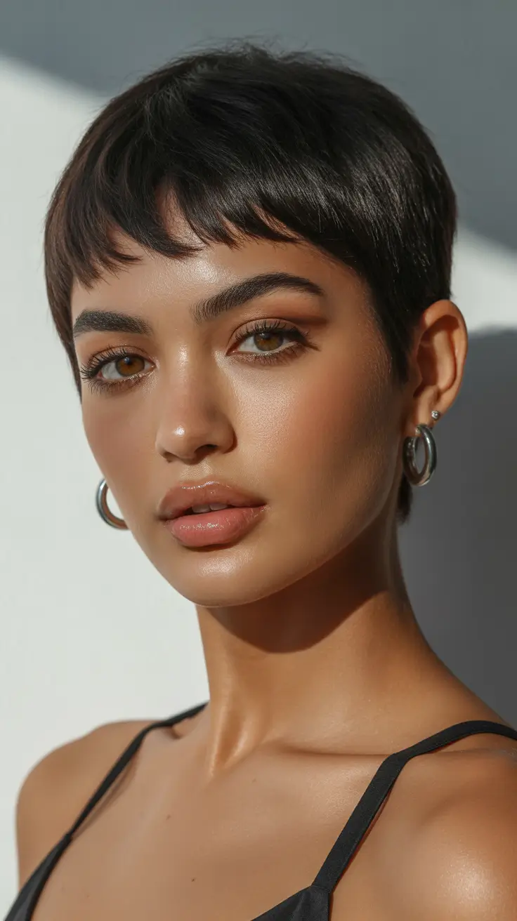 Cute pixie hairstyle ideas 2026 Chic Chocolate Pixie With Delicate Baby Bangs