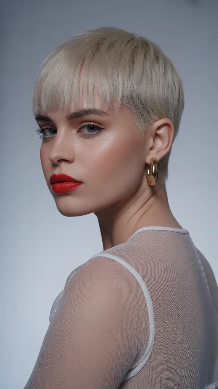 Cute pixie hairstyle ideas 2026 Icy Platinum Pixie With Straight-Cut Fringe