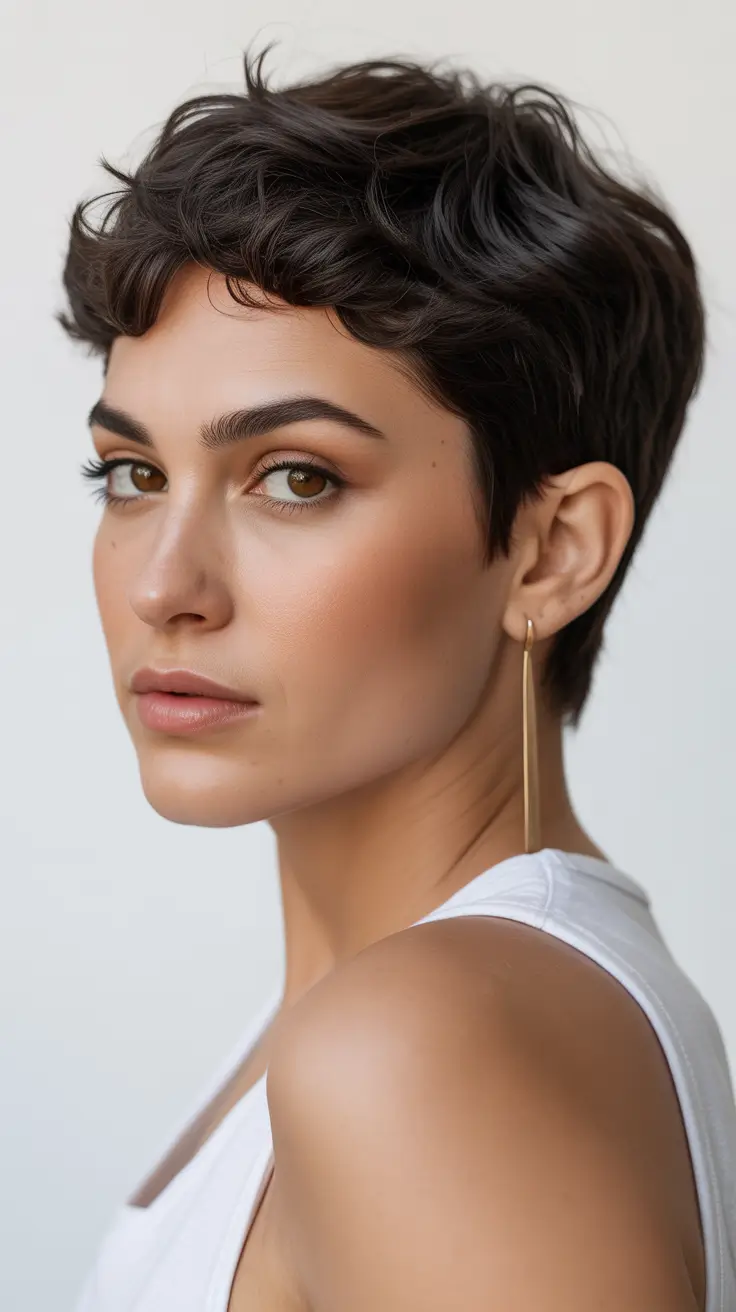 Cute pixie hairstyle ideas 2026 Soft Textured Dark Pixie With Natural Waves