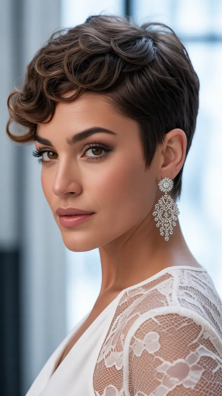 Cute pixie hairstyle ideas 2026 Elegant Curled Pixie With Sculpted Fringe Detail