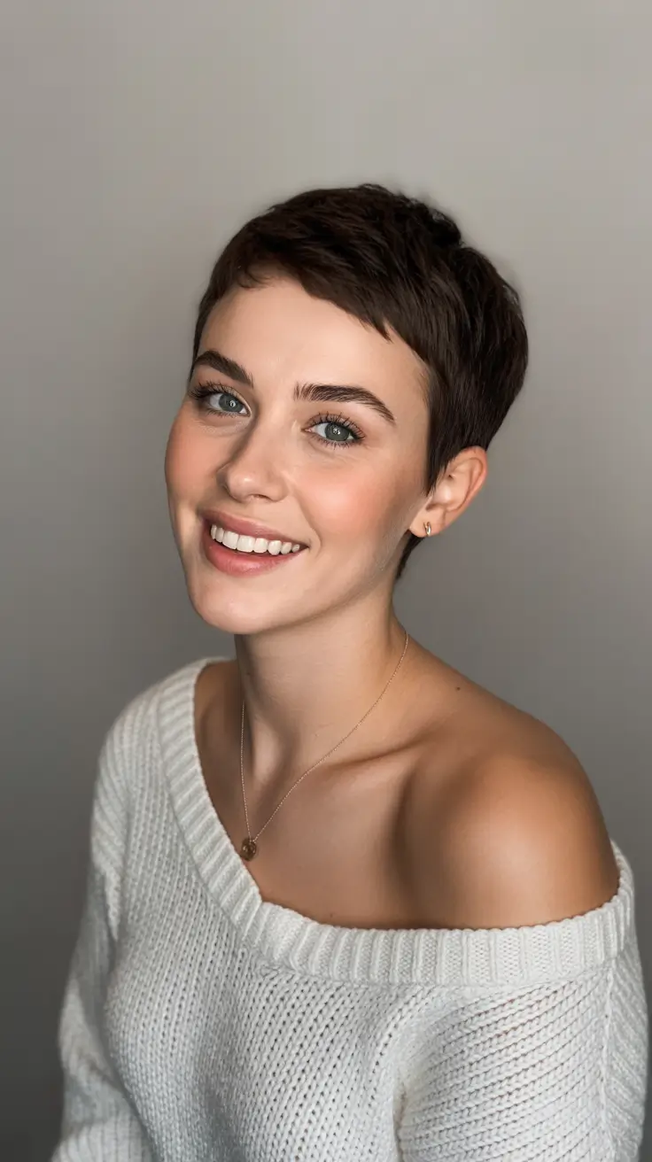 Cute pixie hairstyle ideas 2026 Soft Cocoa Pixie With Cozy Feminino Charm