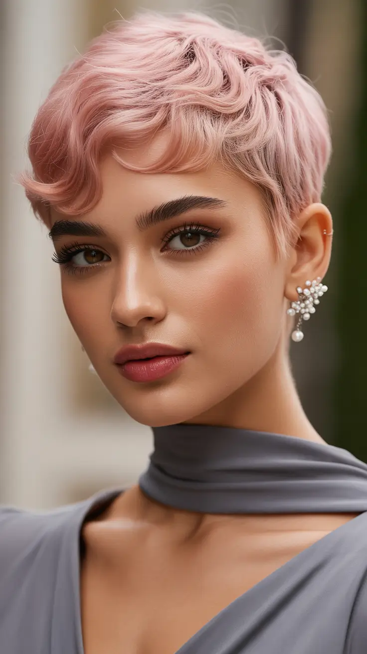 Cute pixie hairstyle ideas 2026 Pastel Pink Wavy Pixie With Soft Feminino Lines