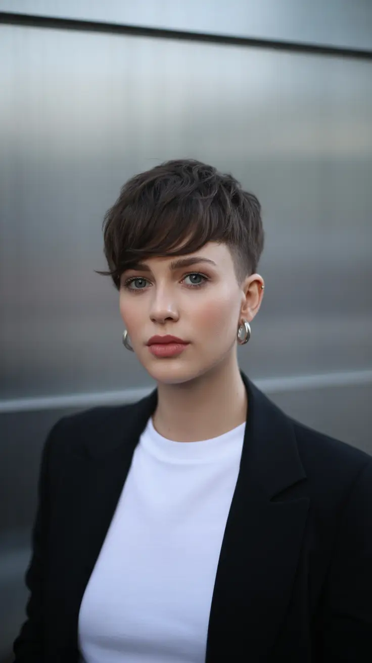Cute pixie hairstyle ideas 2026 Asymmetrical Brunette Pixie With Modern Side-Swept Fringe