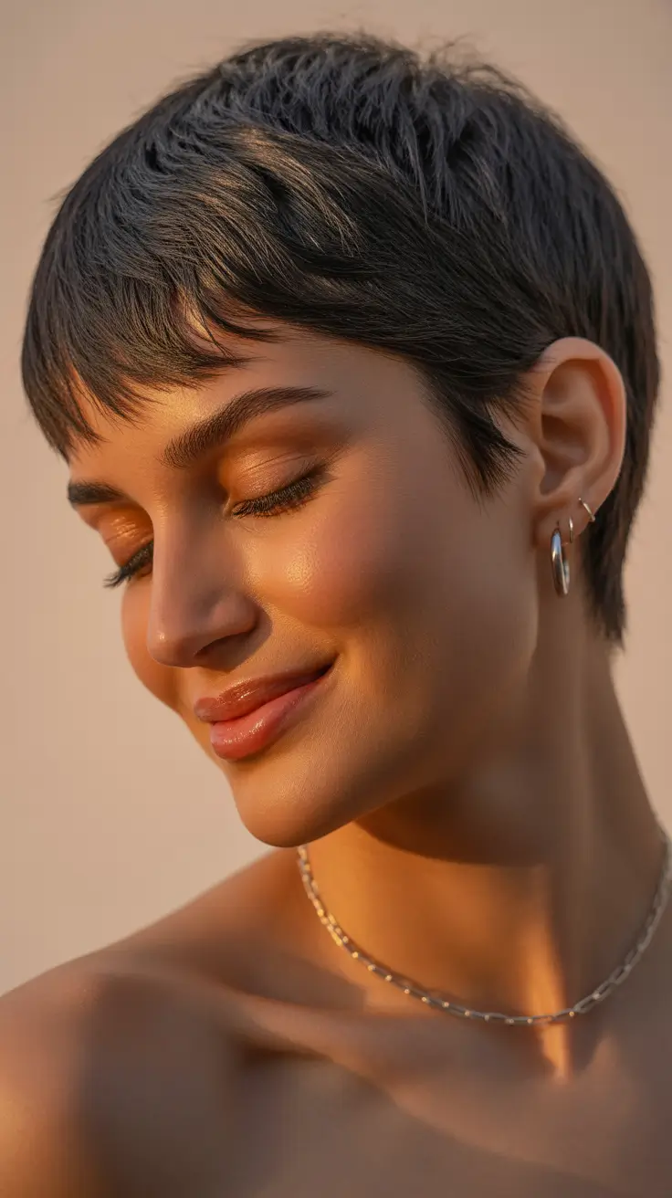 Cute pixie hairstyle ideas 2026 Golden-Hour Soft Pixie With Natural Crown Lift