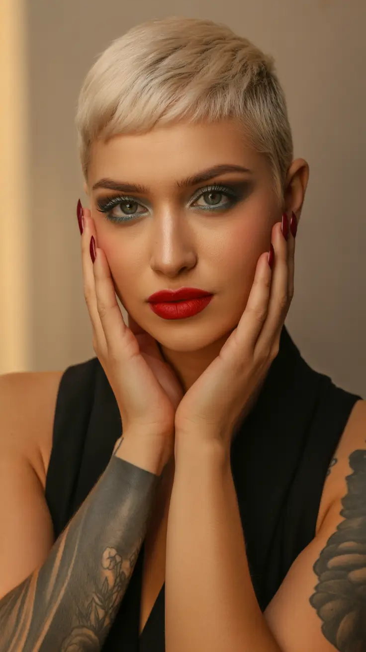 Cute pixie hairstyle ideas 2026 Classic Chic Pixie With Bold Makeup Balance