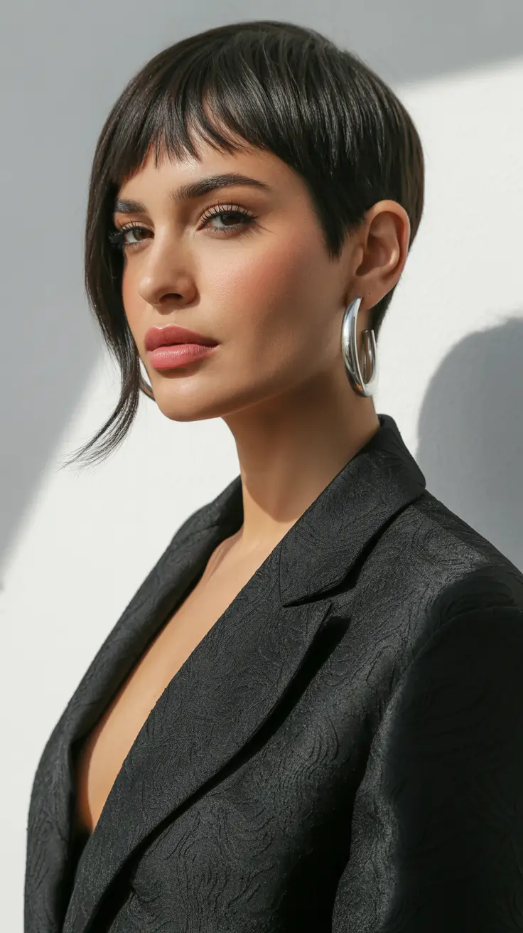 Cute pixie hairstyle ideas 2026 Sleek Espresso Pixie With Sharp Tail Fringe