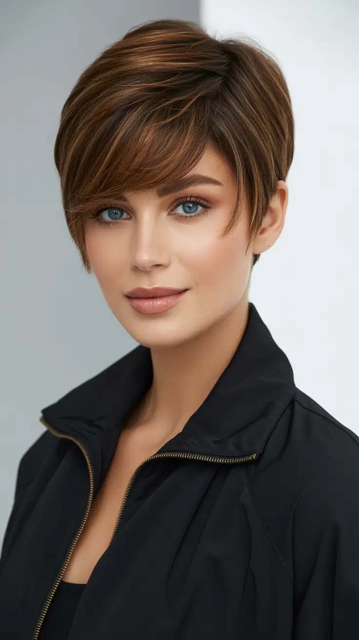 Cute pixie hairstyle ideas 2026 Chestnut Layered Pixie With Side-Swept Bangs