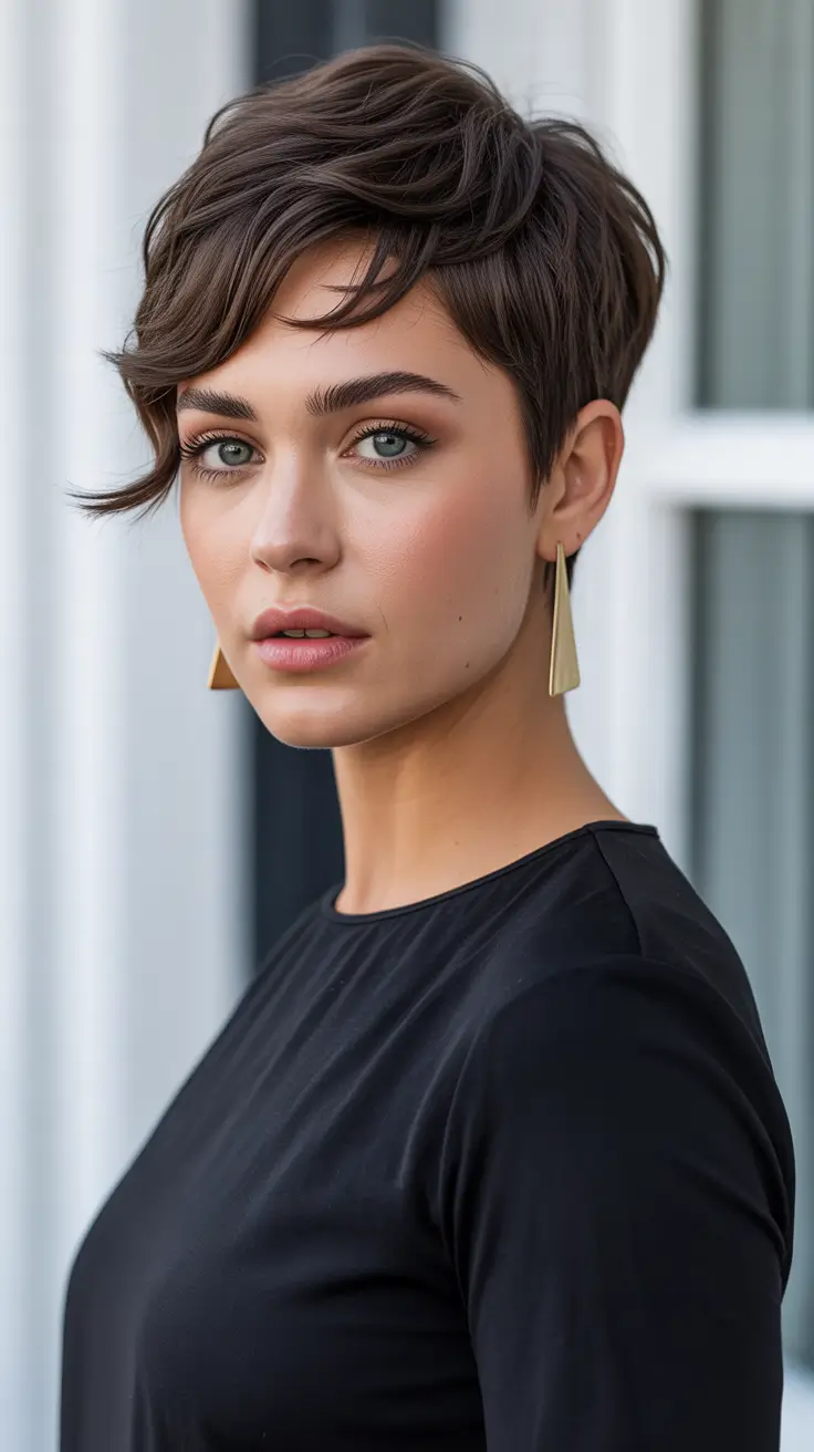 Cute pixie hairstyle ideas 2026 Soft Feathered Brunette Pixie With Windswept Texture