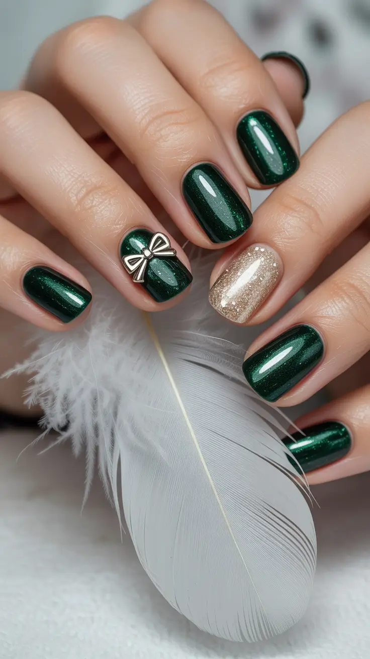 cute short nails 2026 Emerald Glow with Gold Accents for Festive Charm