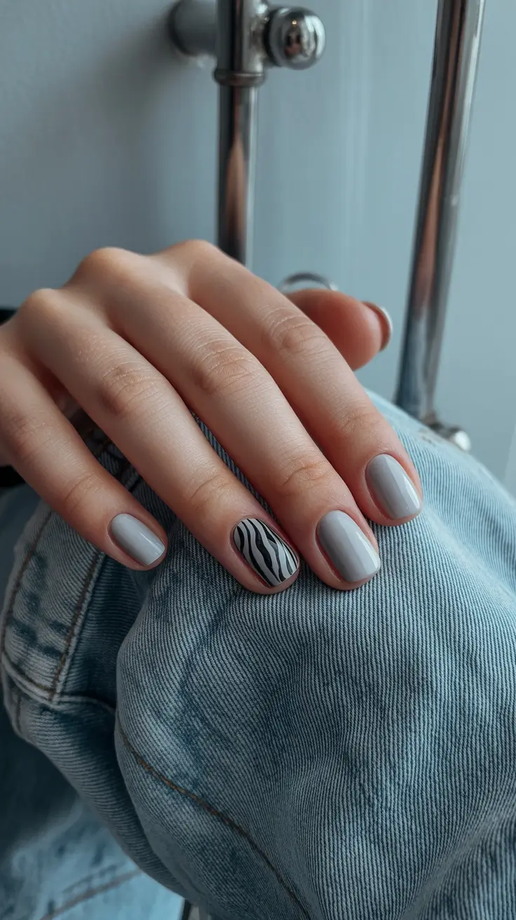 cute short nails 2026 Soft Grey Minimalism with a Subtle Zebra Accent