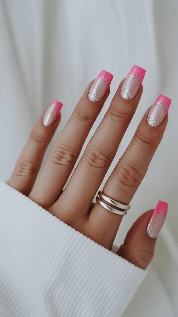 cute short nails 2026 Pink Neon Tips with a Sparkling Silver Sheen