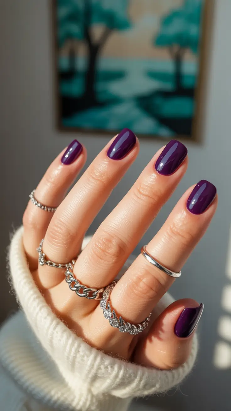 cute short nails 2026 Deep Violet Shine for Evening Drama