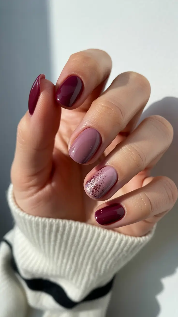 cute short nails 2026 Dusty Pink & Wine Blend with a Soft Glitter Accent