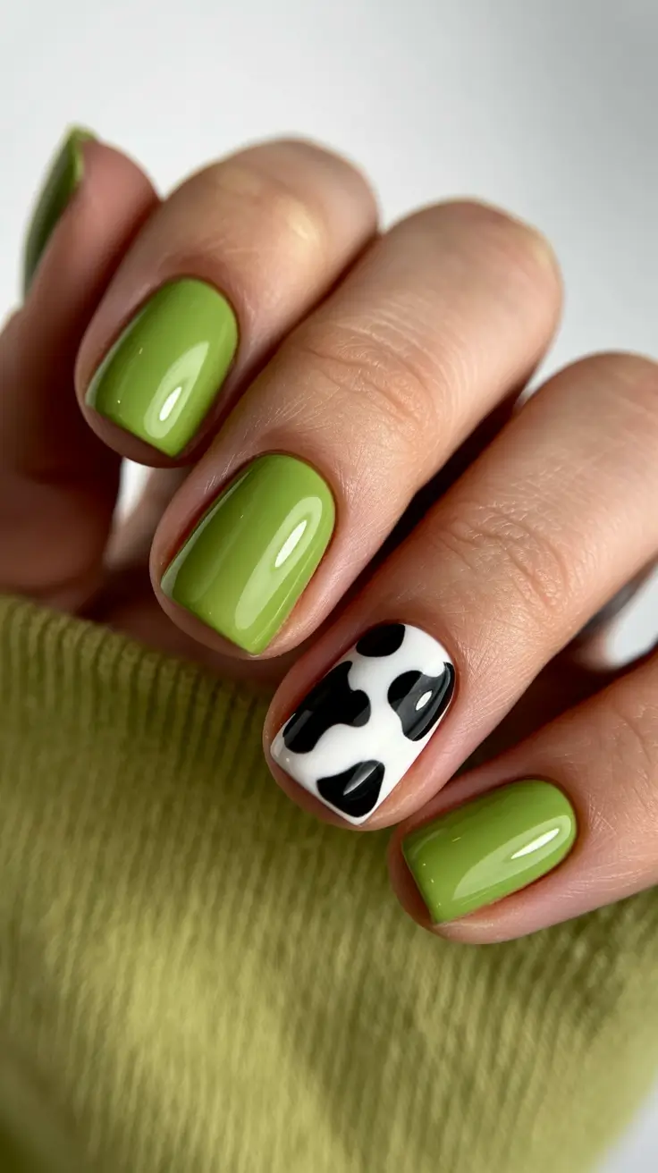 cute short nails 2026 Fresh Green Energy with a Playful Black & White Accent