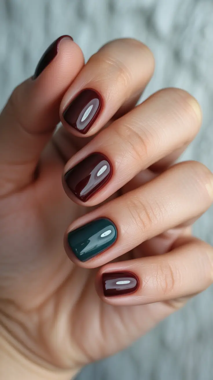 cute short nails 2026 Deep Wine & Teal Duo for a Modern Moody Palette