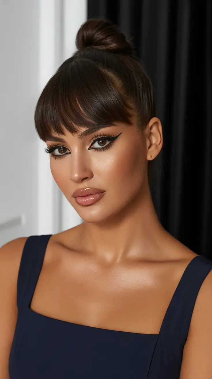 Easy hairstyles for women 2026 Top Knot With Soft Straight Bangs