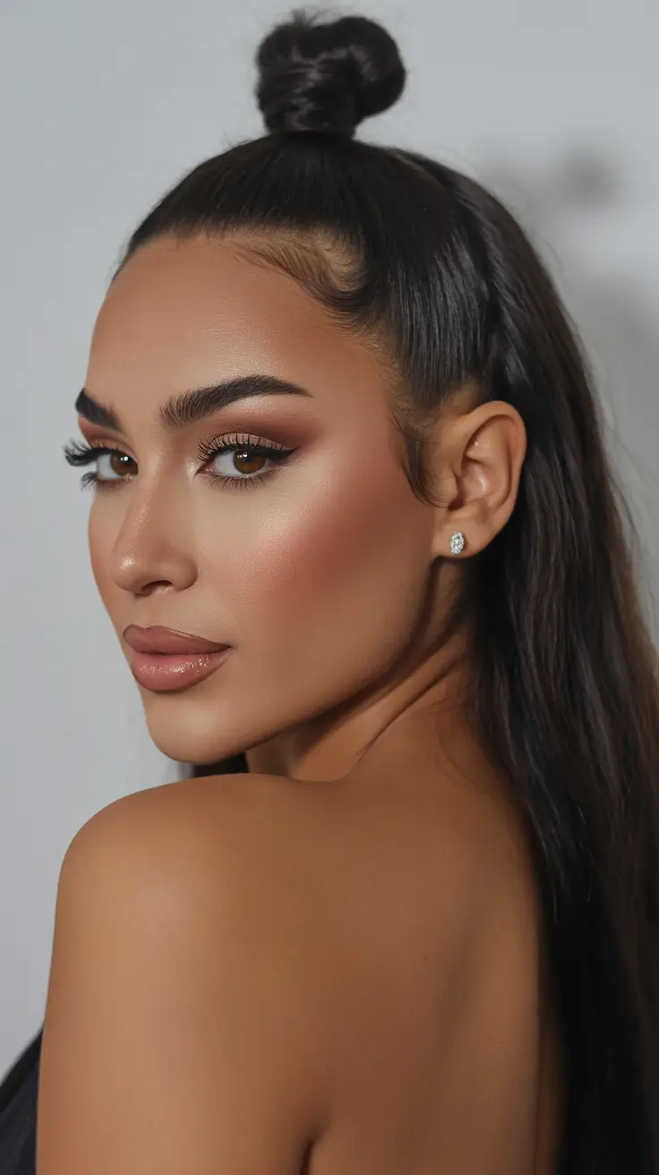 Easy hairstyles for women 2026 Half-Up Mini Bun With Sleek Lower Length